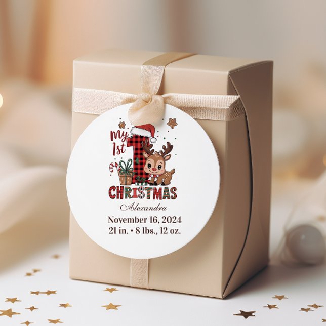 Sticker Rond Renne à carreaux premier Noël (Créateur téléchargé)