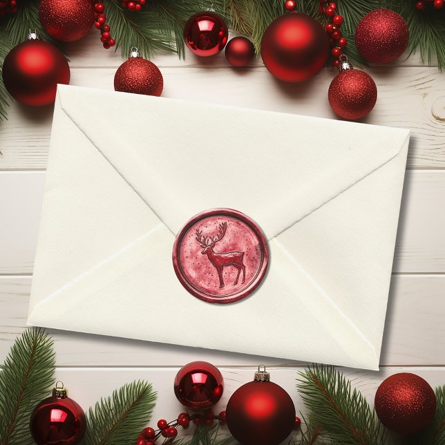 Sticker Rond Renne de Noël Rouge Fausse Cire (Christmas Reindeer Red Faux Wax Classic Round Sticker)