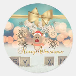 Sticker Rond Renne de Noël tendance ,Arc en faux or,Fond flou