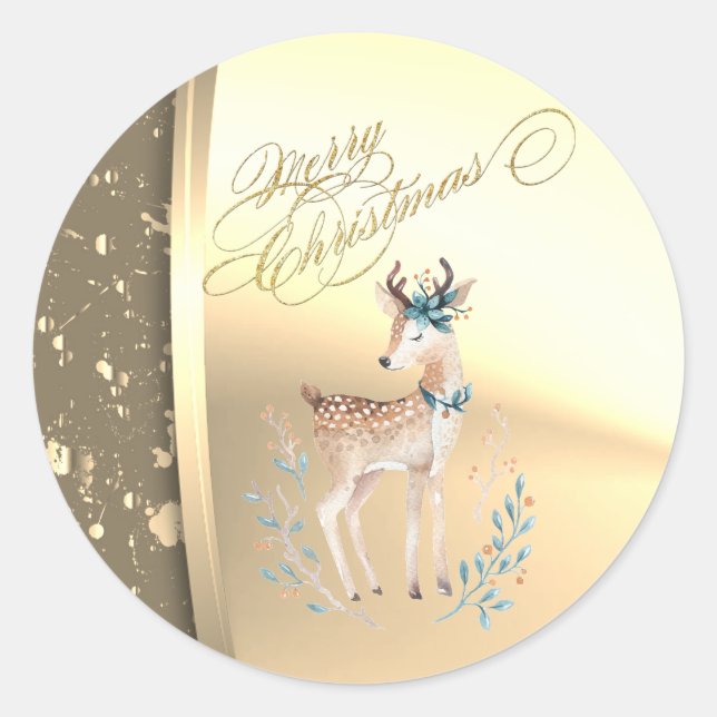 Sticker Rond Renne de Noël tendance, faux or (Devant)