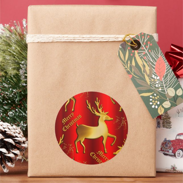 Sticker Rond Renne doré sur fond rouge de Noël (vacances)