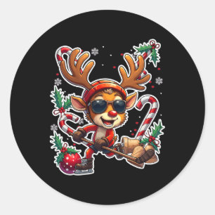 Sticker Rond Renne jouant au hockey Noël Xmas Enfants 