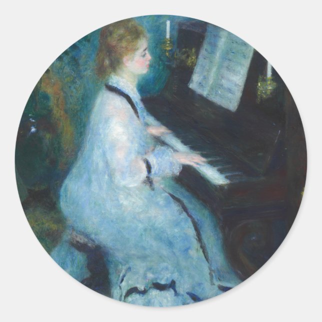 Sticker Rond Renoir femme à l'impressionniste Vintage de piano (Devant)