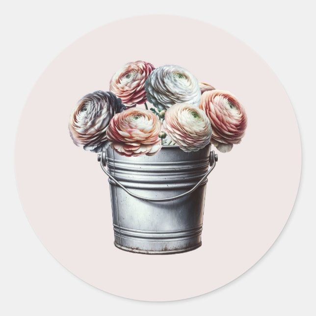 Sticker Rond Renoncule dans un seau en fer blanc Rustique Glam  (Devant)