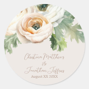 Sticker Rond Renoncule Romantique Pêche sur Fond Ivoire