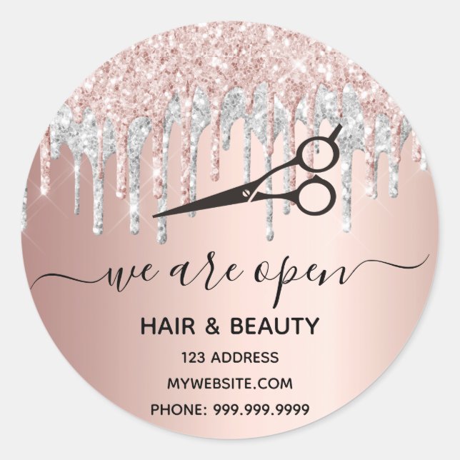 Sticker Rond Réouverture cheveux rose parties scintillant salon (Devant)