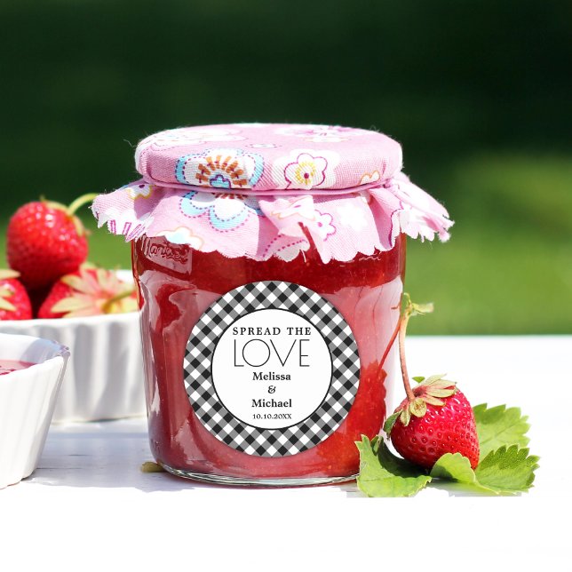 Sticker Rond Répandre L'Amour Blanc Noir En vichy Mariage Faveu (Spread The Love Black White Gingham Wedding Favor Classic Round Sticker Jam favor stickers)
