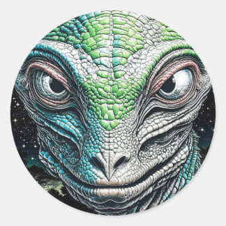 Sticker Rond Reptilian Lizard Homme Alien Extraterrestre En cou