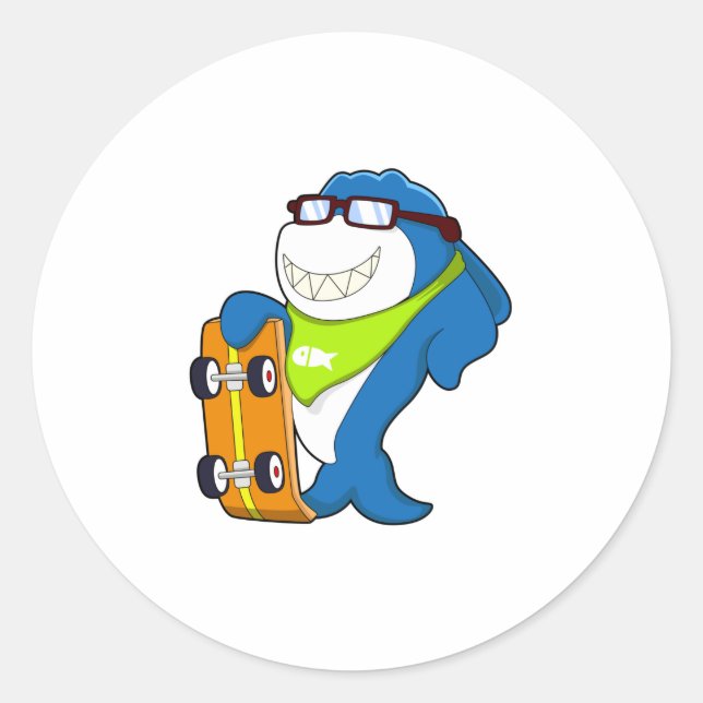 Sticker Rond Requin comme patineur avec skateboard (Devant)