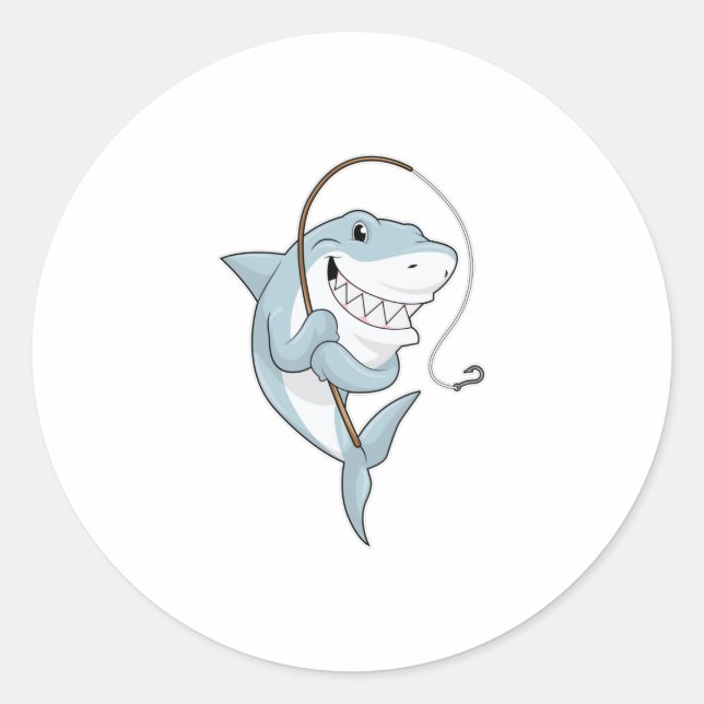 Sticker Rond Requin comme pêcheur avec canne à pêche (Devant)