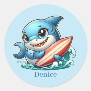 Sticker Rond requin cool surf ajouter le nom Classic Round Stic