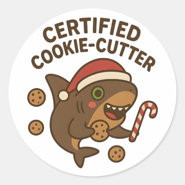 Sticker Rond Requin de Noël drôle certifié Cookie-Cutter Pun (Devant)