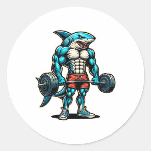 Sticker Rond Requin drôle et cool musculation bodybuilder muscl