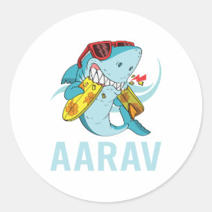Sticker Rond Requin drôle - Nom Aarav