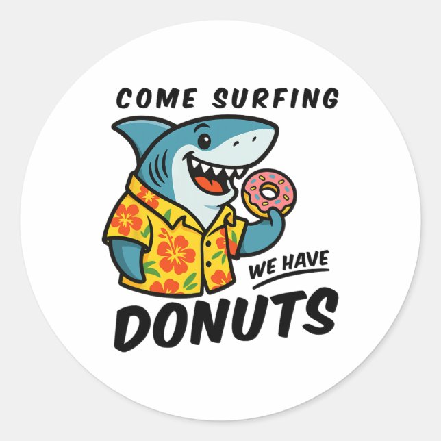 Sticker Rond Requin Hawaïen Avec Beignet Funny Surf  (Devant)