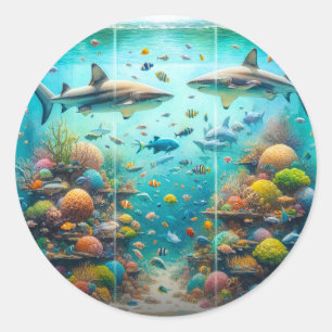 Sticker Rond Requins & Poissons Aquarelle Aquatique Mariage Aqu
