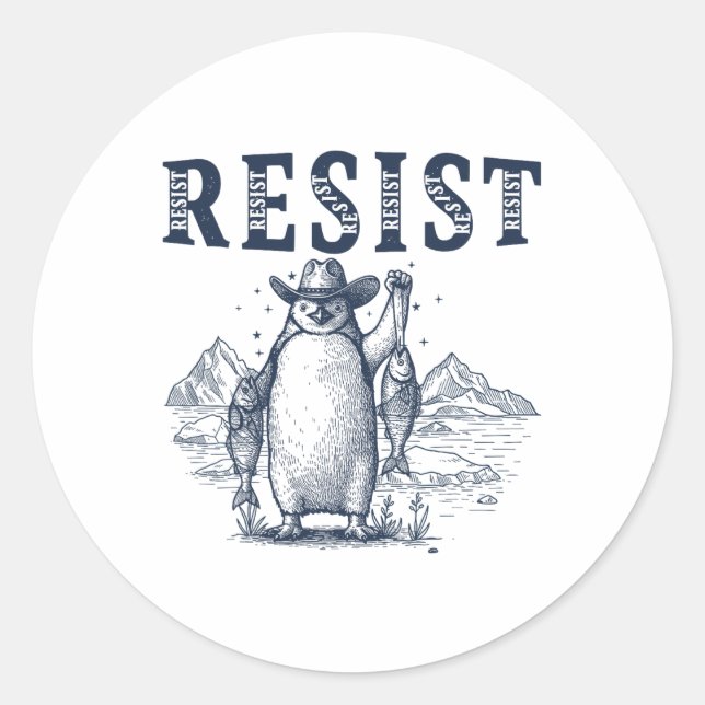Sticker Rond Résister Activisme des pingouins Graphisme Vintage (Devant)