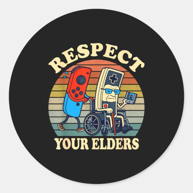 Sticker Rond Respect Your Elders Gaming Control 80s Retro Funny (Devant)