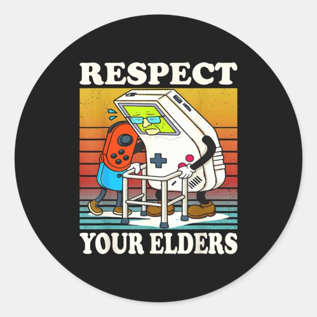 Sticker Rond Respect Your Elders Gaming Control 80s Retro Funny (Devant)
