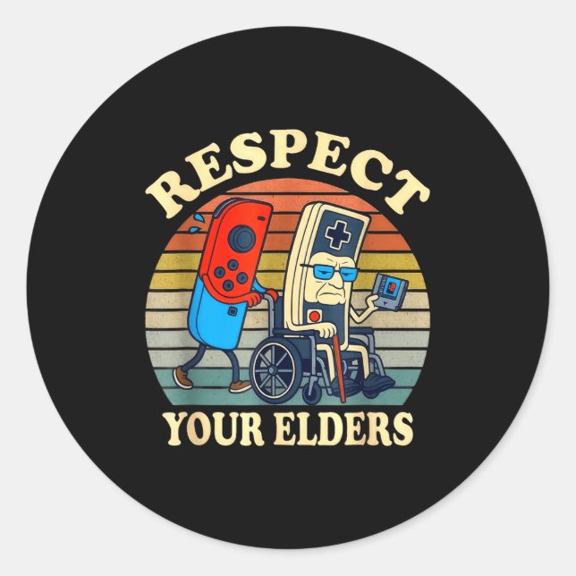 Sticker Rond Respect Your Elders Gaming Control Retro Funny Gam (Devant)