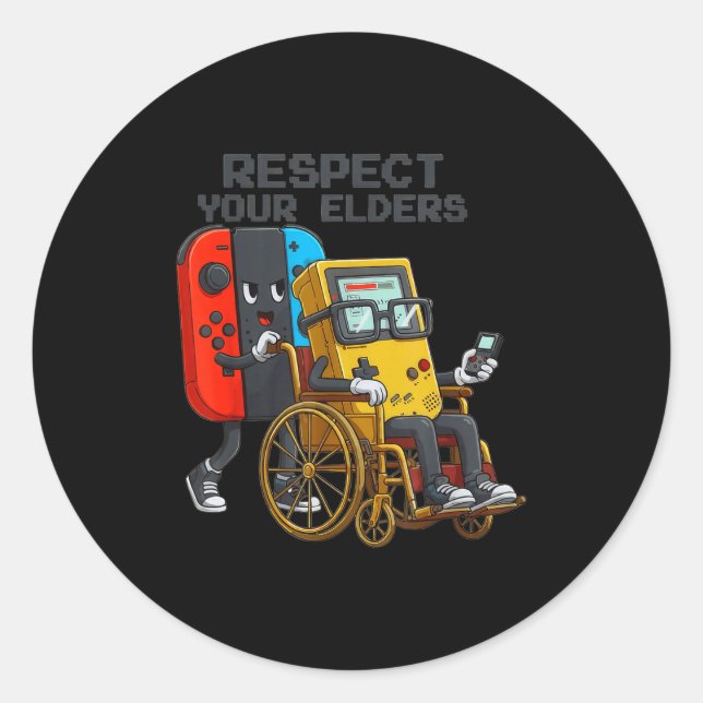 Sticker Rond Respect Your Elders Gaming Control Retro Funny Gam (Devant)