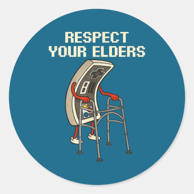 Sticker Rond Respect Your Elders Retro Gaming Funny Gamer Contr (Devant)