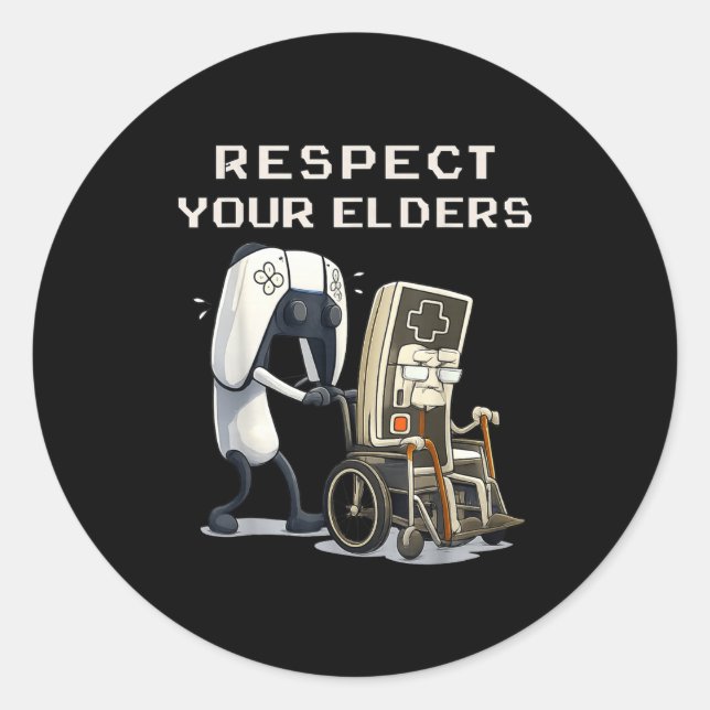 Sticker Rond Respect Your Elders Retro Gaming Funny Gamer Contr (Devant)