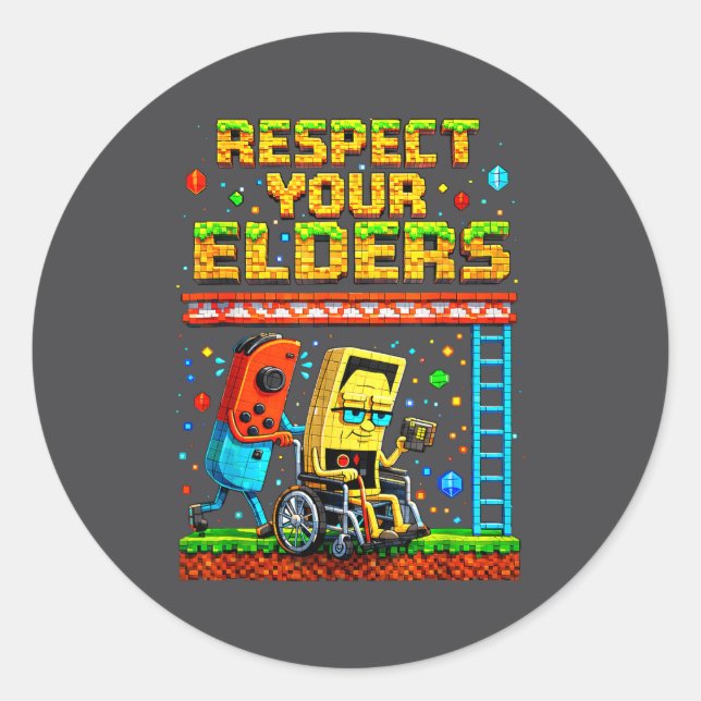 Sticker Rond Respect Your Elders Retro Gaming Funny Gamer Contr (Devant)
