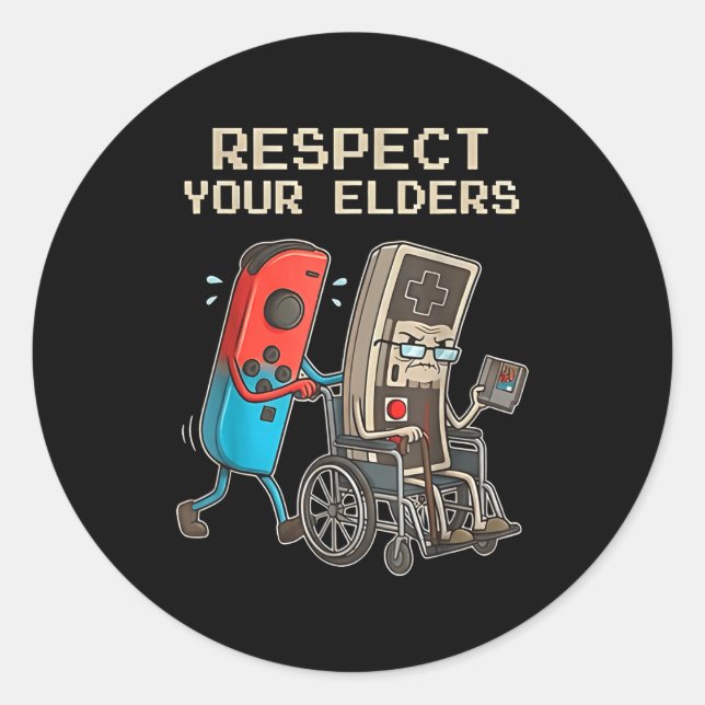 Sticker Rond Respect Your Elders Retro Gaming Funny Gamer Contr (Devant)