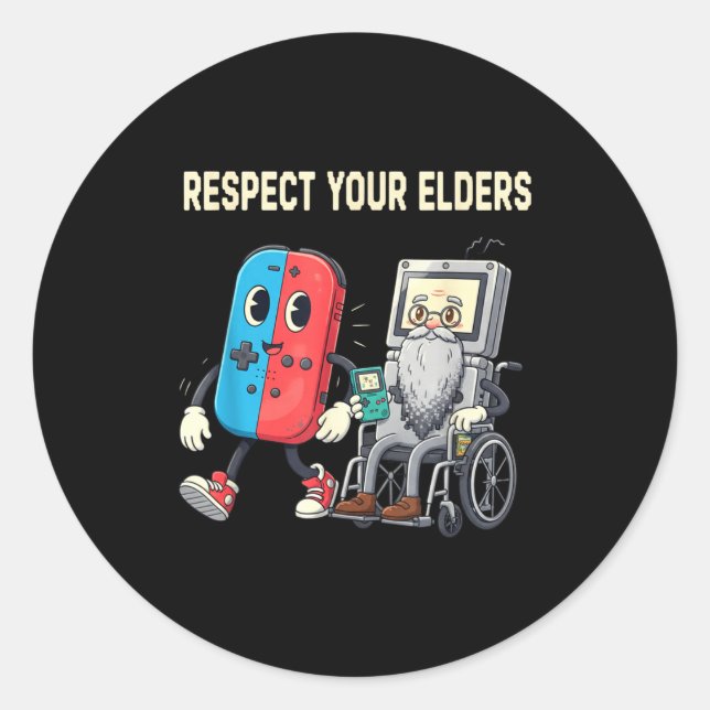 Sticker Rond Respect Your Elders Retro Gaming Funny Gamer Contr (Devant)