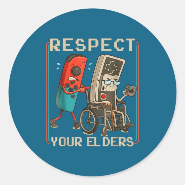 Sticker Rond Respect Your Elders Retro Gaming Funny Gamer Contr (Devant)