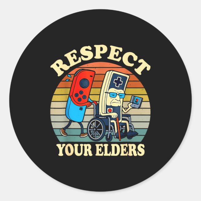 Sticker Rond Respect Your Elders Retro Gaming Funny Gamer Contr (Devant)