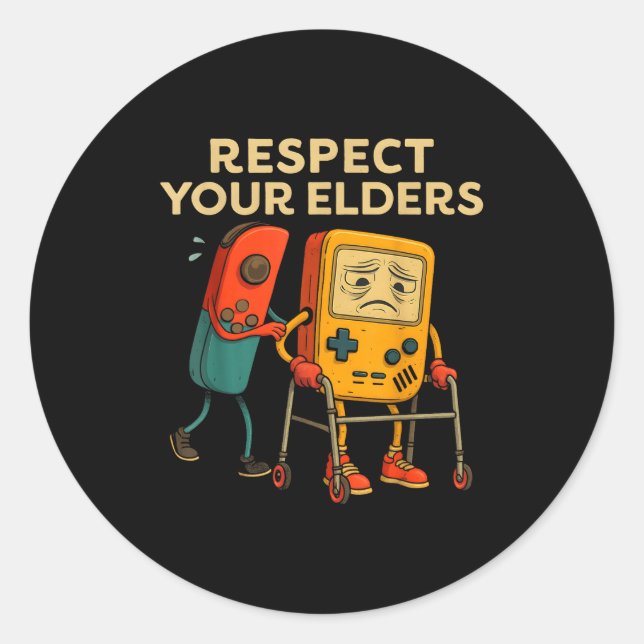 Sticker Rond Respect Your Elders Retro Gaming Funny Gamer Contr (Devant)