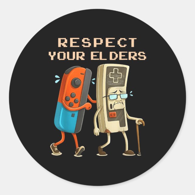 Sticker Rond Respect Your Elders Retro Gaming Funny Gamer Contr (Devant)