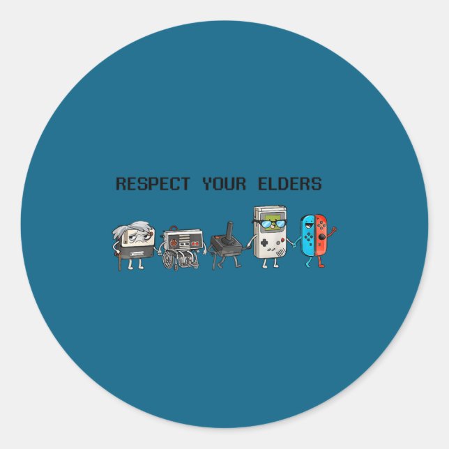 Sticker Rond Respect Your Elders Retro Gaming Funny Gamer Contr (Devant)