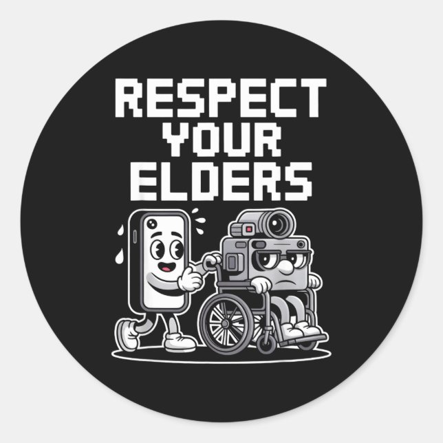 Sticker Rond Respect Your Elders Retro Tech Camera Phone Cartoo (Devant)