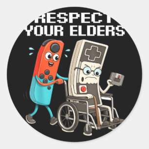 Sticker Rond Respectez les anciens jeu vidéo rétro manette drôl
