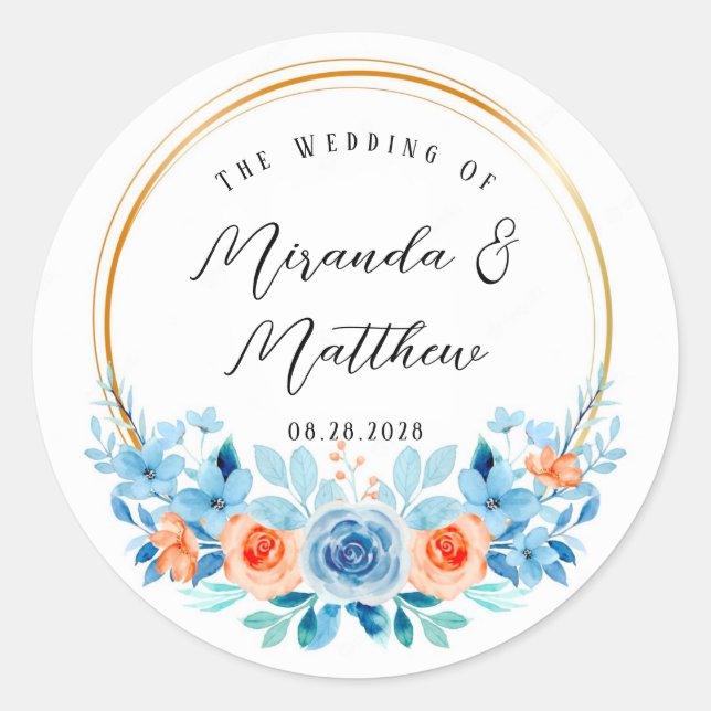 Sticker Rond Ressort Aquarelle Bleu Orange Florals Mariage Or (Devant)