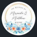 Sticker Rond Ressort Aquarelle Bleu Orange Florals Mariage Or<br><div class="desc">J'espère que vous apprécierez ces Flirals botaniques bleu clair et orange avec cadre géométrique or. Des produits correspondants et des invitations sont disponibles.</div>