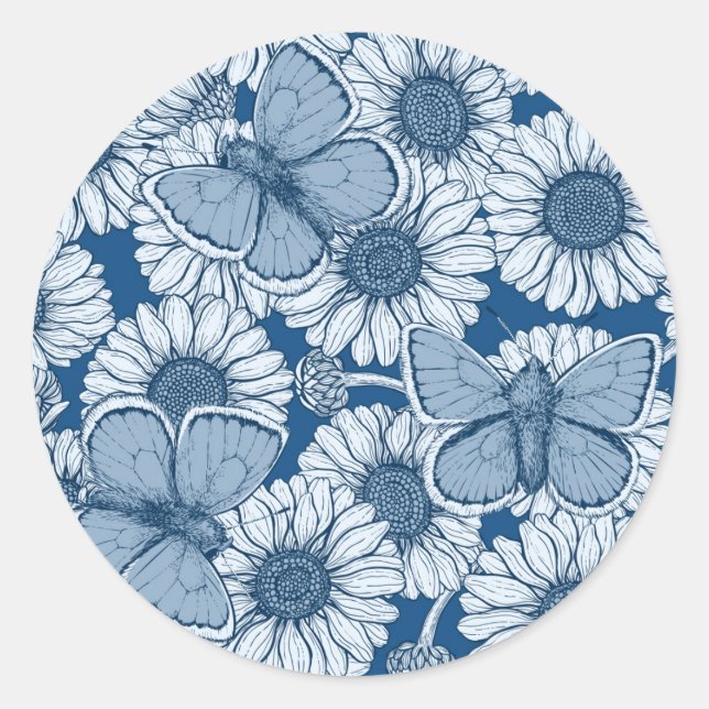 Sticker Rond Ressort bleu, fleurs sauvages, marguerites (Devant)