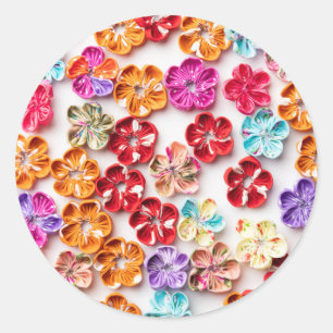 Sticker Rond Ressort tissu cousu artisanal Fleurs Multicolor