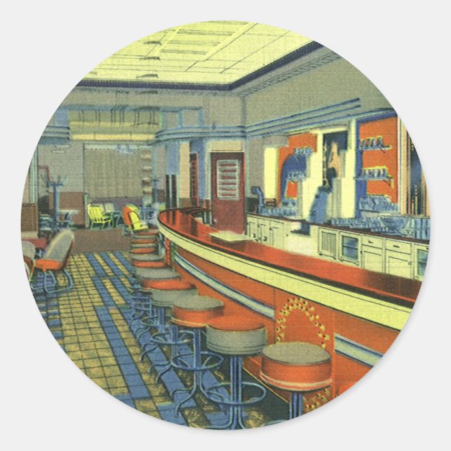 Sticker Rond Restaurant Vintage, Intérieur de Diner Rétro au Bo (Devant)