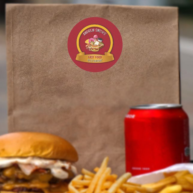 Sticker Rond Restauration rapide Logo personnalisé Nom et icône (Créateur téléchargé)