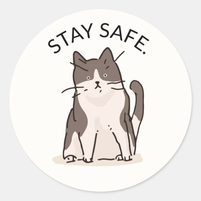 STICKER ROND RESTER EN SÉCURITÉ AVEC UN CHAT AMUSANT (Devant)
