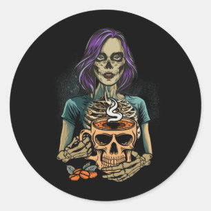 Sticker Rond Rester Vivant Squelette Boire Café Lover Hallo
