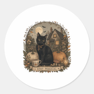 Sticker Rond Restez Magique Chat Noir Cottagecore Halloween