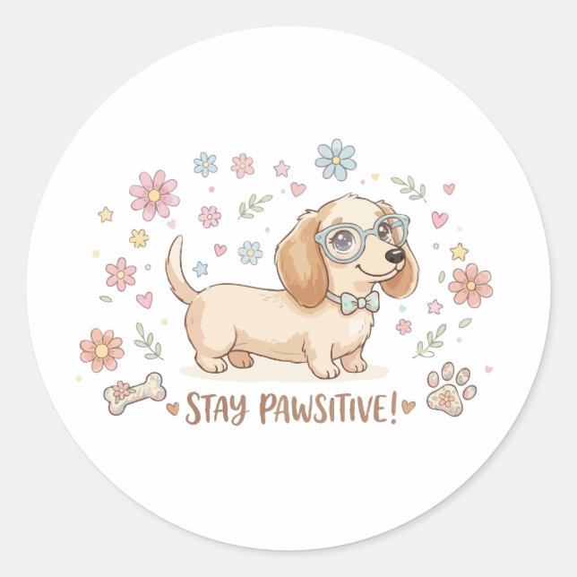 Sticker Rond Restez Pawsitive Mignon Teckel (Devant)