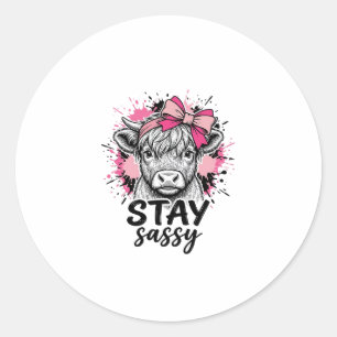 Sticker Rond Restez Sassy Vache Highland Rose Gravure Vintage S