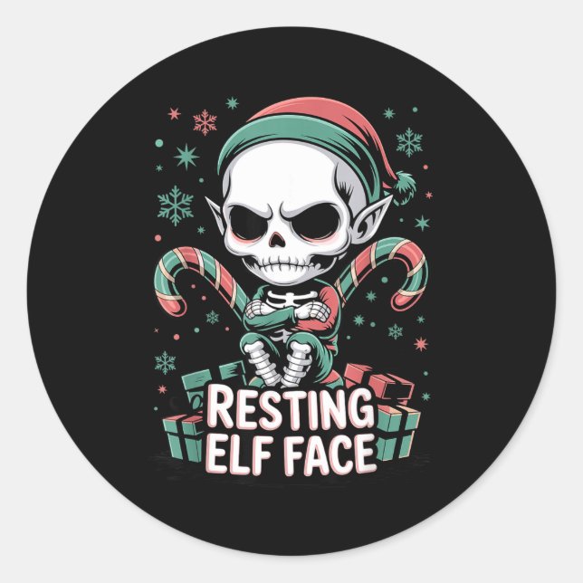 Sticker Rond Resting Elf Face Funny Christmas Cute Creepy Women (Devant)