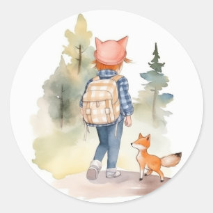 Sticker Rond Retour à l'autocollant scolaire Fille portant sac